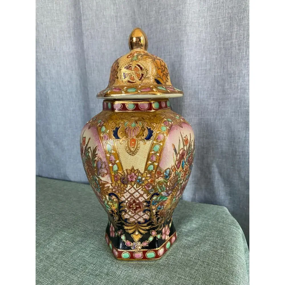 Vintage Satsuma Style Hexagonal Temple Jar Lidded Urn Floral Moriage Gold Gilt